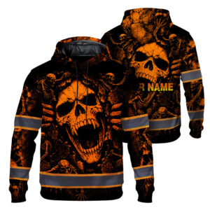 Hi Vis Hoodie Reflective Tapes Orange Neon Skull Custom Name Safety Workwear For Workers, Runners, Cyclists, Patriotic
