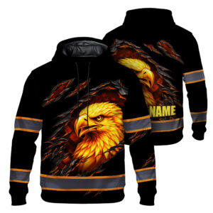 Hi Vis Hoodie Reflective Tapes Orange Yellow Neon Eagle Scratch 2 Custom Name Safety Workwear For Workers, Runners, Cyclists, Patriotic