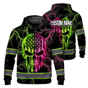 Hi Vis Hoodie Reflective Tapes Pink Lime Neon Skull US Flag Custom Name Safety Workwear For Workers, Runners, Cyclists, Patriotic