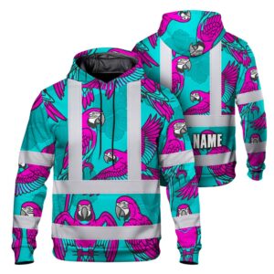 Hi Vis Hoodie Reflective Tapes Pink Neon Blue Parrot Custom Name Safety Workwear For Workers, Truckers, Operators