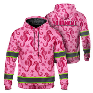 Hi Vis Hoodie Reflective Tapes Pink Neon Seahorse Custom Name Safety Workwear For Workers, Runners, Cyclists, Patriotic