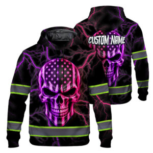 Hi Vis Hoodie Reflective Tapes Pink Violet Neon Skull US Flag Custom Name Safety Workwear For Workers, Runners, Cyclists, Patriotic