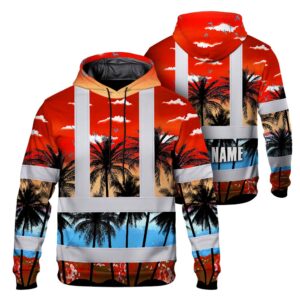 Hi Vis Hoodie Reflective Tapes Red Coconut Tree Custom Name Safety Workwear For Workers, Truckers, Operators