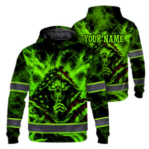 Hi Vis Hoodie With Reflective Tapes For Men, Custom Name Lime Neon Grim Reaper Skull Fire High Visibility Safety Workwear Pullover Sweatshirt For Construction Workers, Bikers