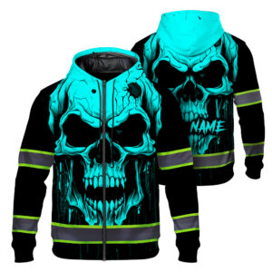 Hi Vis Jacket Reflective Blue Neon Skull Custom Name Safety Workwear For Workers, Runners, Cyclists, Patriotic
