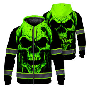 Hi Vis Jacket Reflective Green Neon Skull Custom Name Safety Workwear For Workers, Runners, Cyclists, Patriotic