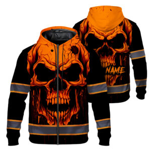 Hi Vis Jacket Reflective Orange Neon Skull Custom Name Safety Workwear For Workers, Runners, Cyclists, Patriotic
