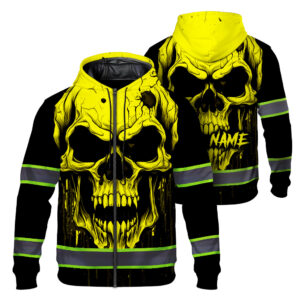 Hi Vis Jacket Reflective Yellow Neon Skull Custom Name Safety Workwear For Workers, Runners, Cyclists, Patriotic