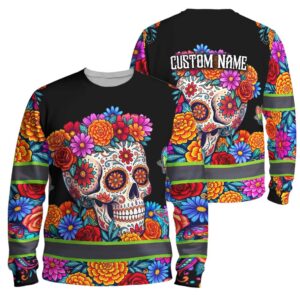 Hi Vis Long Sleeve Reflective Tape Sugar Skull Custom Name Safety Workwear For Workers, Truckers, Operators