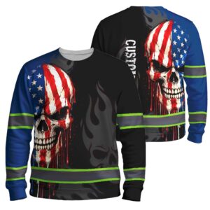 Hi Vis Long Sleeve Reflective Tape US Skull Flag Custom Name Safety Workwear For Workers, Truckers, Operators