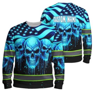Hi Vis Long Sleeve Reflective Tapes Blue Neon Skull US Flag Custom Name Safety Workwear For Workers, Runners, Cyclists, Patriotic