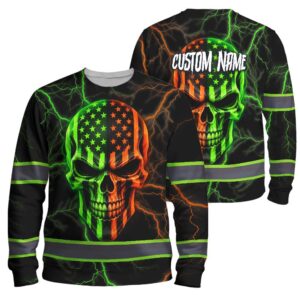 Hi Vis Long Sleeve Reflective Tapes Lime Orange Neon Skull US Flag Custom Name Safety Workwear For Workers, Runners, Cyclists, Patriotic