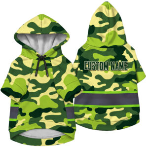 Hi Vis Pet Hoodie Reflective Tapes Green Camo Neon Custom Name Safety Workwear For Pet Lovers, Dog And Cat Lovers