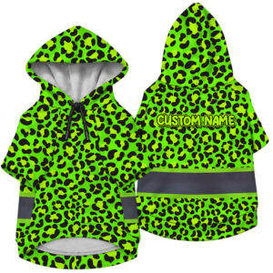 Hi Vis Pet Hoodie Reflective Tapes Green Neon Leopard Custom Name Safety Workwear For Pet Lovers, Dog And Cat Lovers