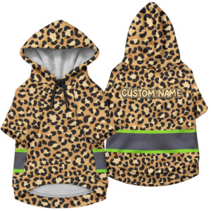 Hi Vis Pet Hoodie Reflective Tapes Leopard Custom Name Safety Workwear For Pet Lovers, Dog And Cat Lovers