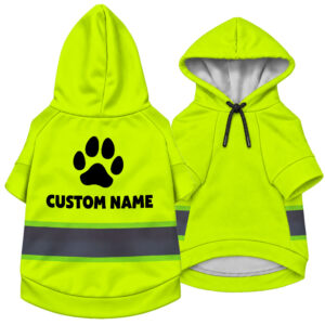 Hi Vis Pet Hoodie Reflective Tapes Lime Neon Custom Name Safety Workwear For Pet Lovers, Dog And Cat Lovers